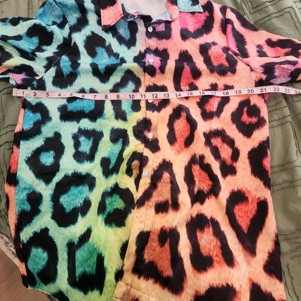 Green, Orange, Blue, & Black Colorful Leopard Print Button-Up Shirt. - Picture 6 of 9